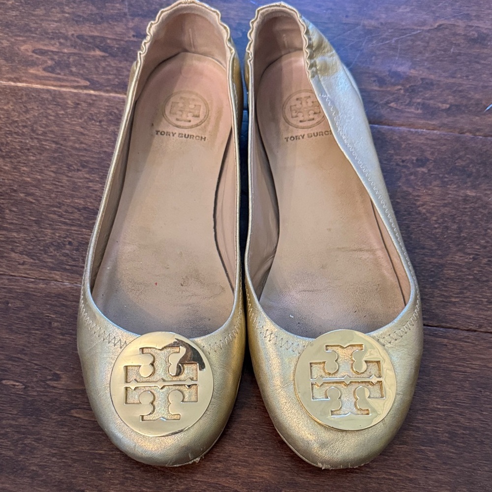 Tory Burch Minnie Travel Ballet Flats Gold Metallic Logo Leather Size 7 Packable